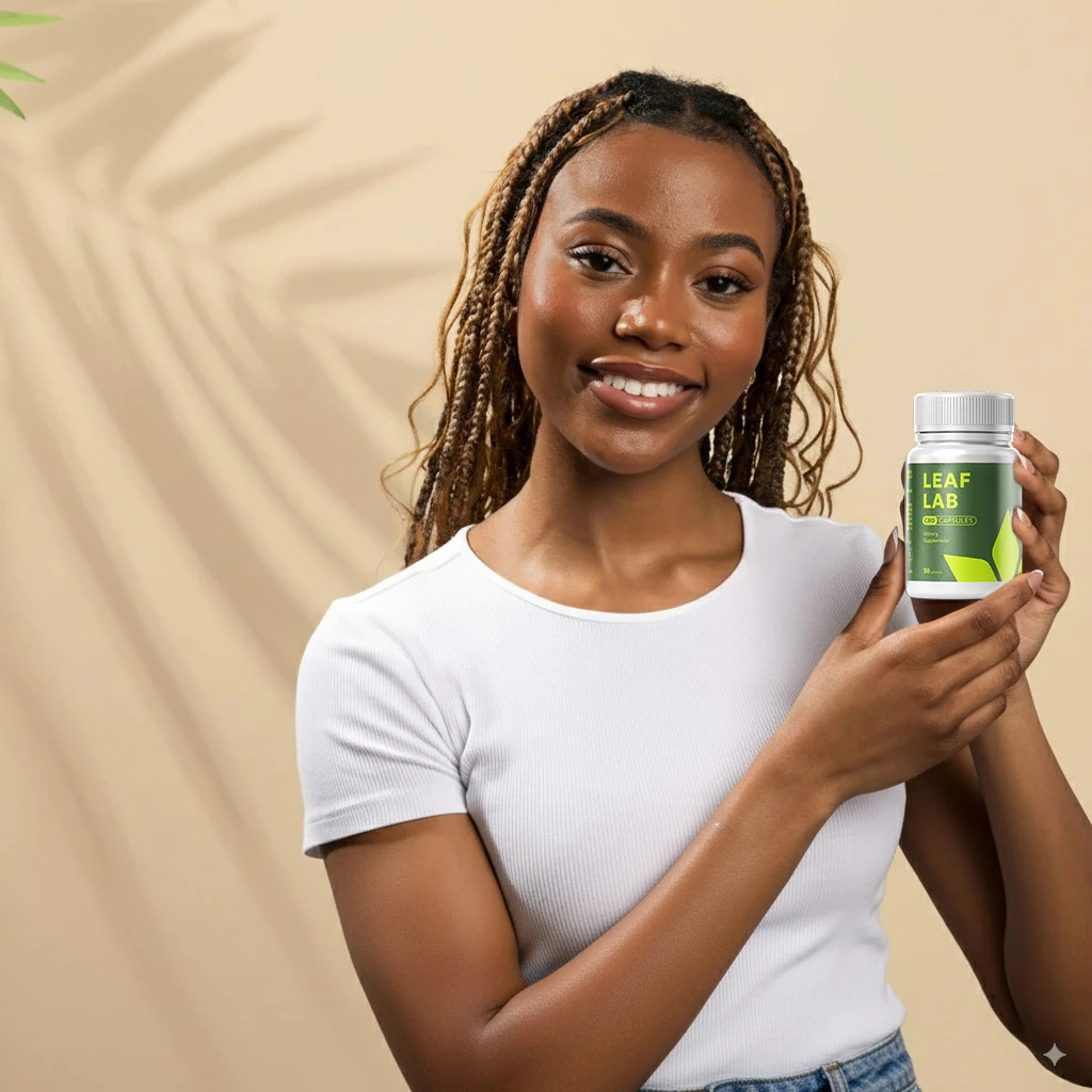 Immagine ravvicinata di una capsula di Leaf Lab con bicchieri d'acqua, che illustra il metodo di assunzione per un assorbimento ottimale.