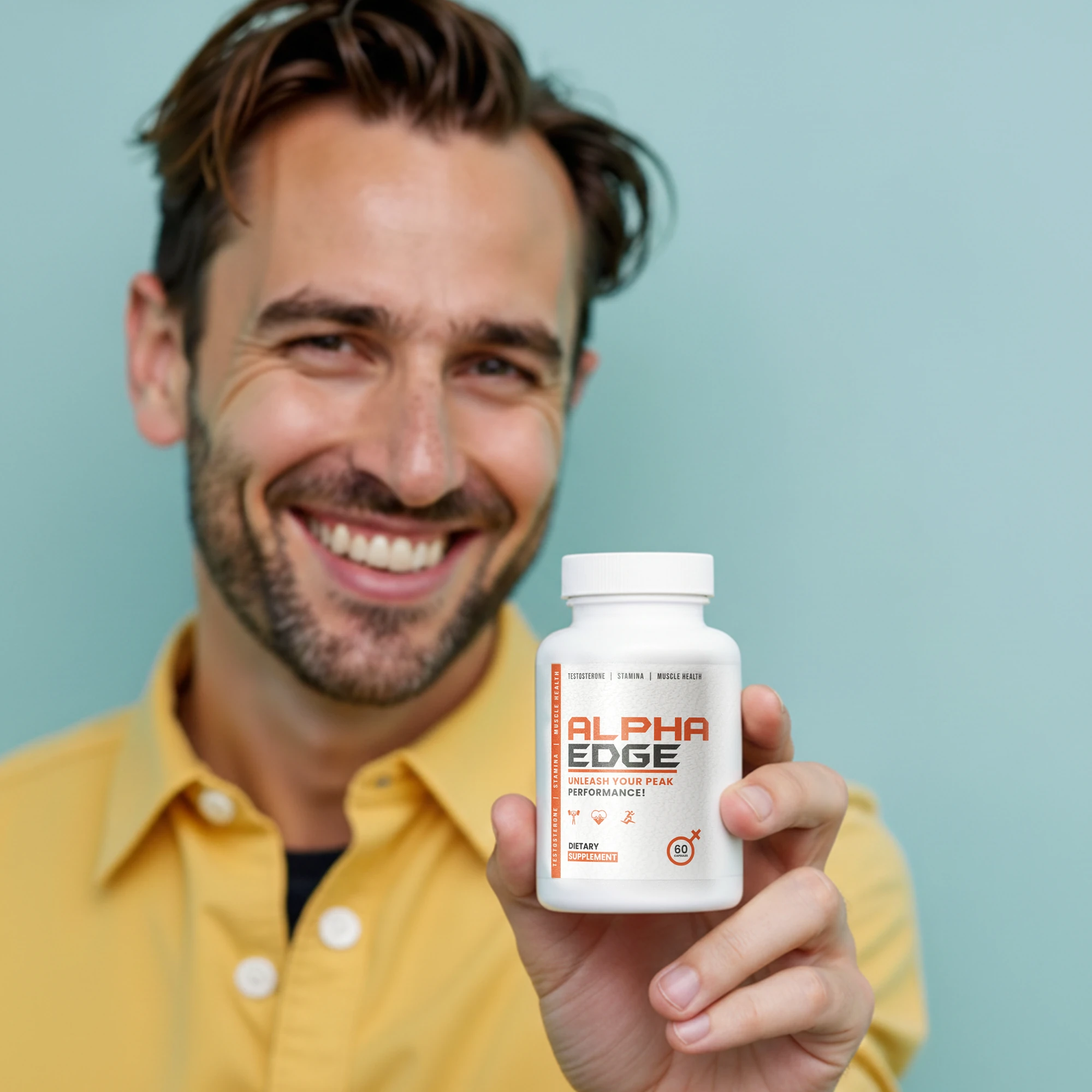 Illustrazione chiara delle modalità d'uso di Alpha Edge: capsule e acqua.