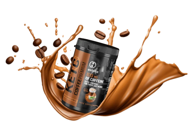 Keto Coffee Premium in una scena con chicchi di caffè, per un'efficace perdita di peso e supporto keto.