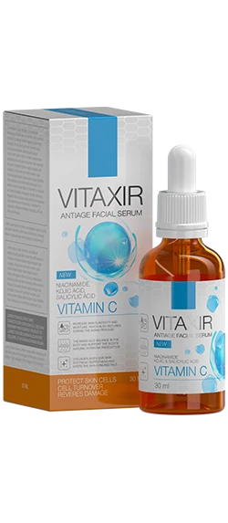 Flacone di Vitaxir, il siero anti-età per viso, con ingredienti naturali e design elegante.